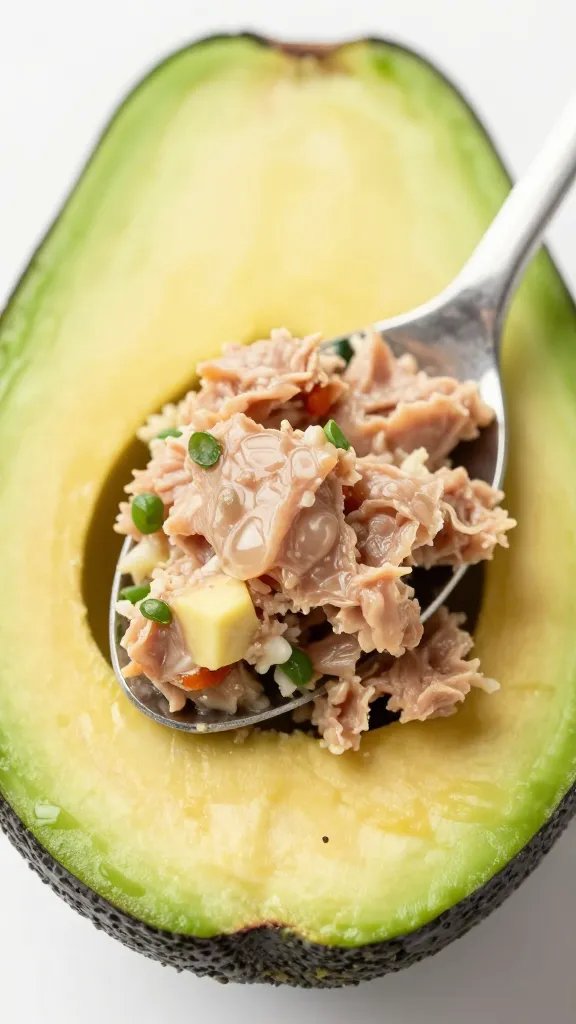 closeup of avocado half beside spoonful tuna salad