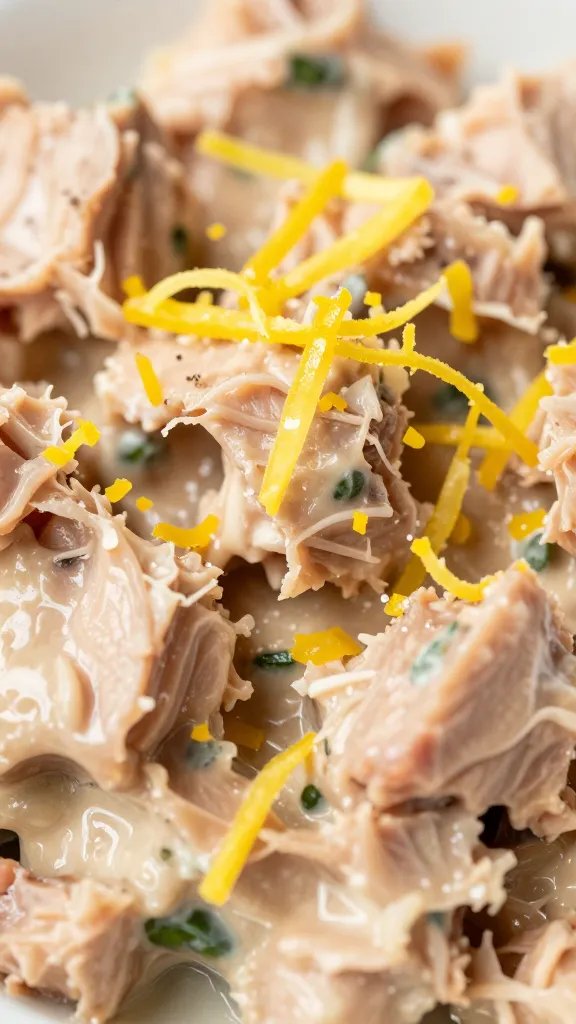 closeup of lemon zest microdetail over creamy tuna salad