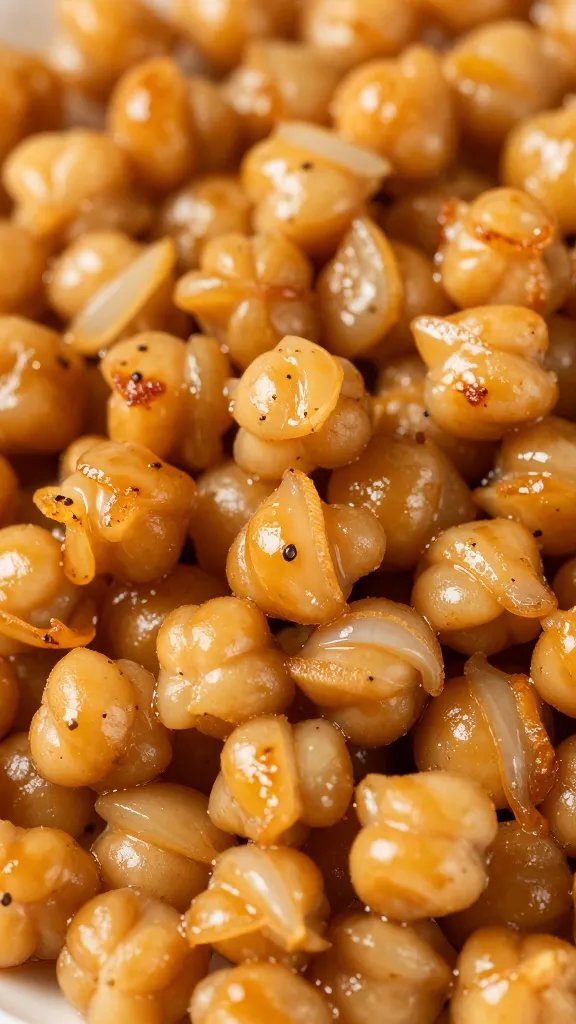 closeup of caramelized onion on crisp-edged chickpeas