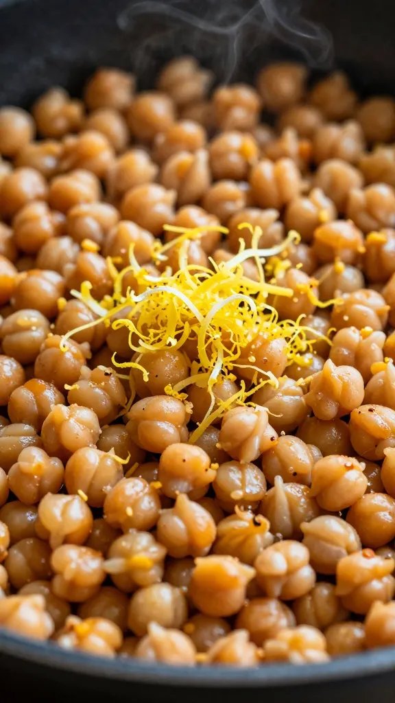 closeup of lemon zest over smoky chickpeas on skillet