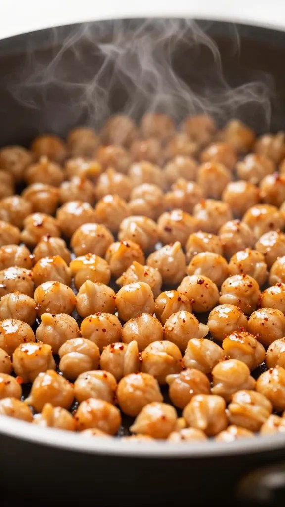 closeup of sizzling chickpeas with paprika steam in pan