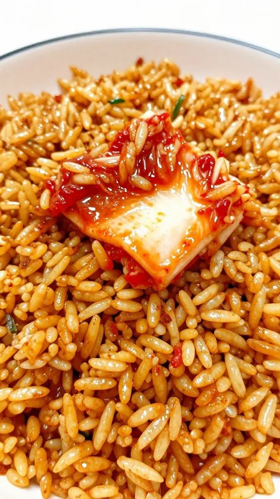 Closeup of a single bowl of kimchi fried rice, glossy rice grains with bright kimchi