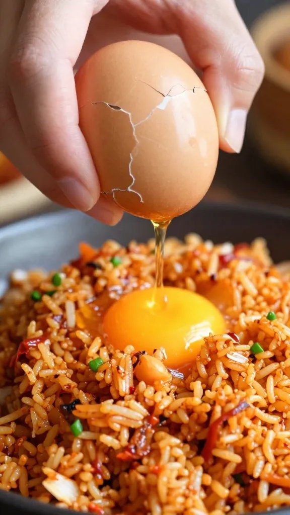 Closeup of a single cracked egg being added to sizzling kimchi fried rice