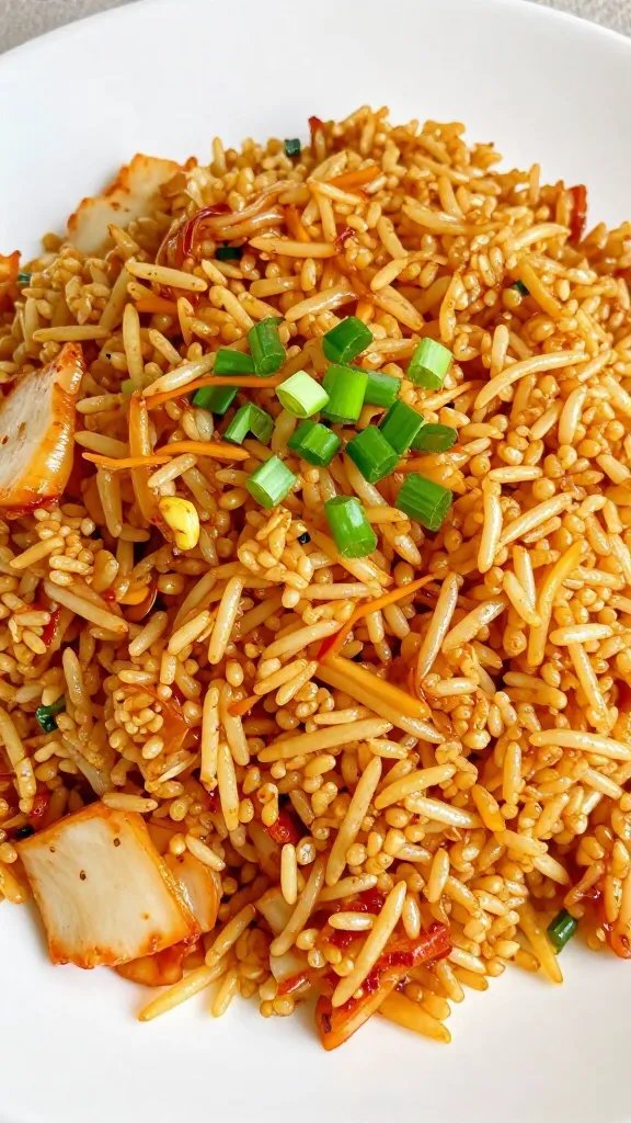 Closeup of a single plate of kimchi fried rice with a sprig of scallion garnish