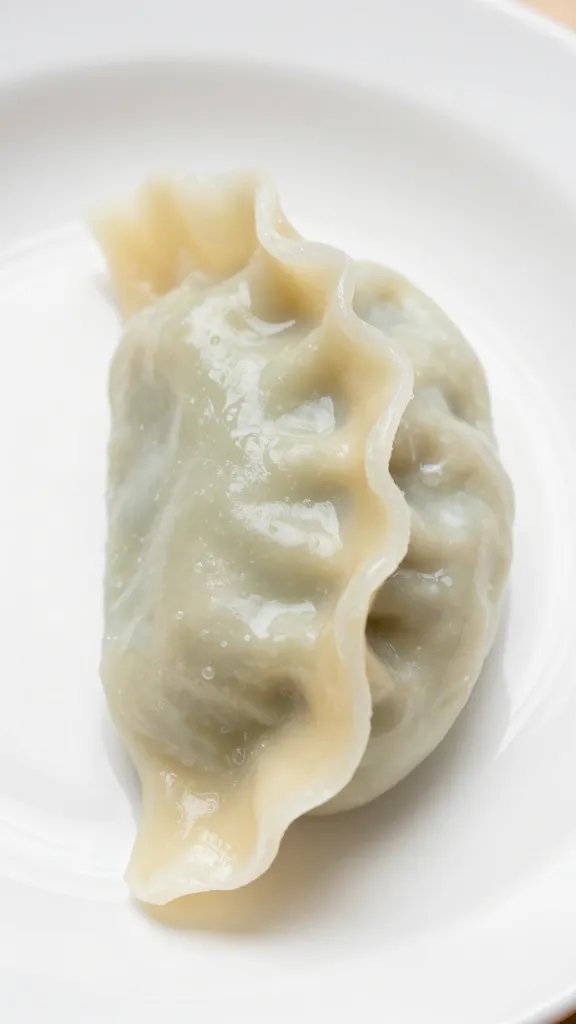 Closeup of a single cabbage dumpling resting on a white plate