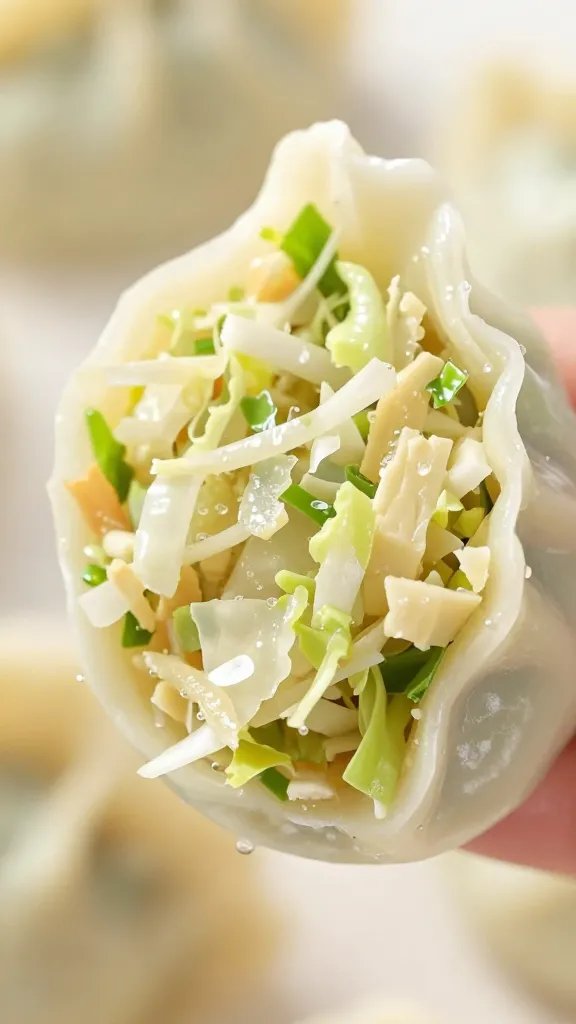 Closeup of shredded cabbage filling in a dumpling half-open