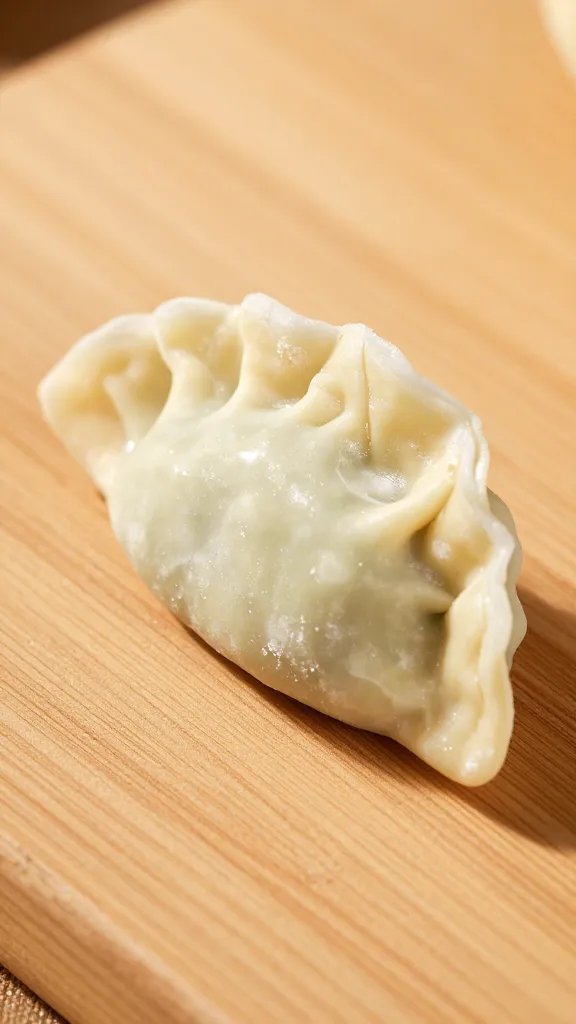 Closeup of a single raw dumpling wrapper with wrinkled edges perched on a wooden board