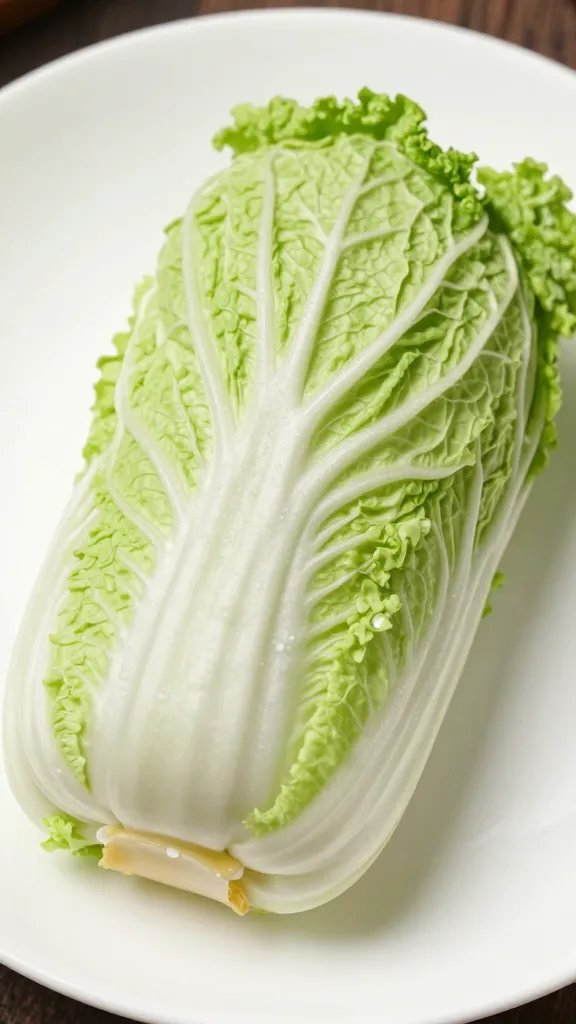 Close-up of a single napa cabbage leaf wrap folded on white plate
