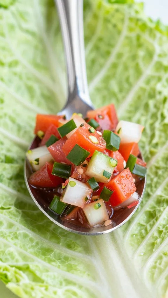 Close-up of a single spoonful pico de gallo on cabbage leaf wrap