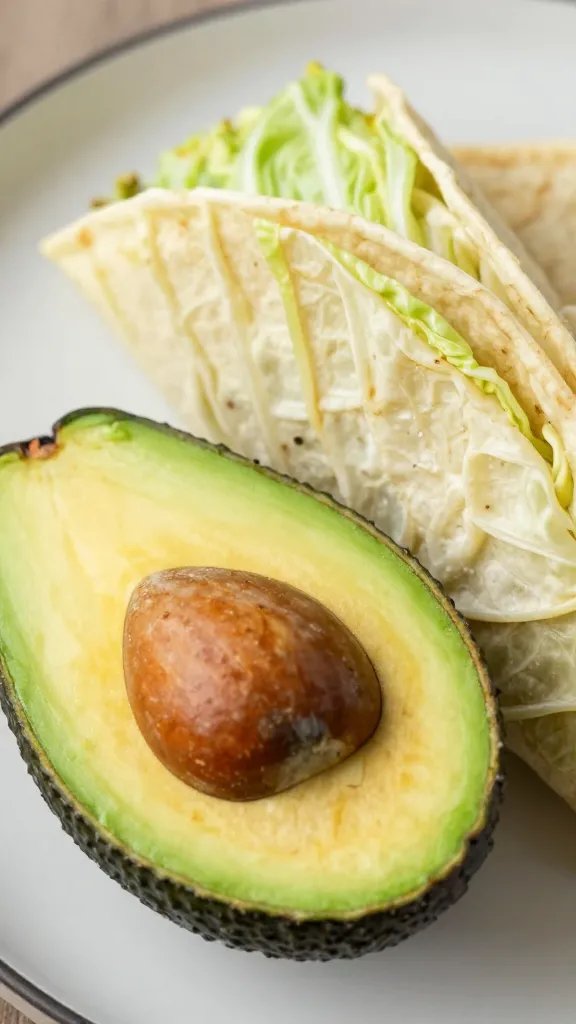 Close-up of a single avocado half beside wrapped cabbage taco on plate